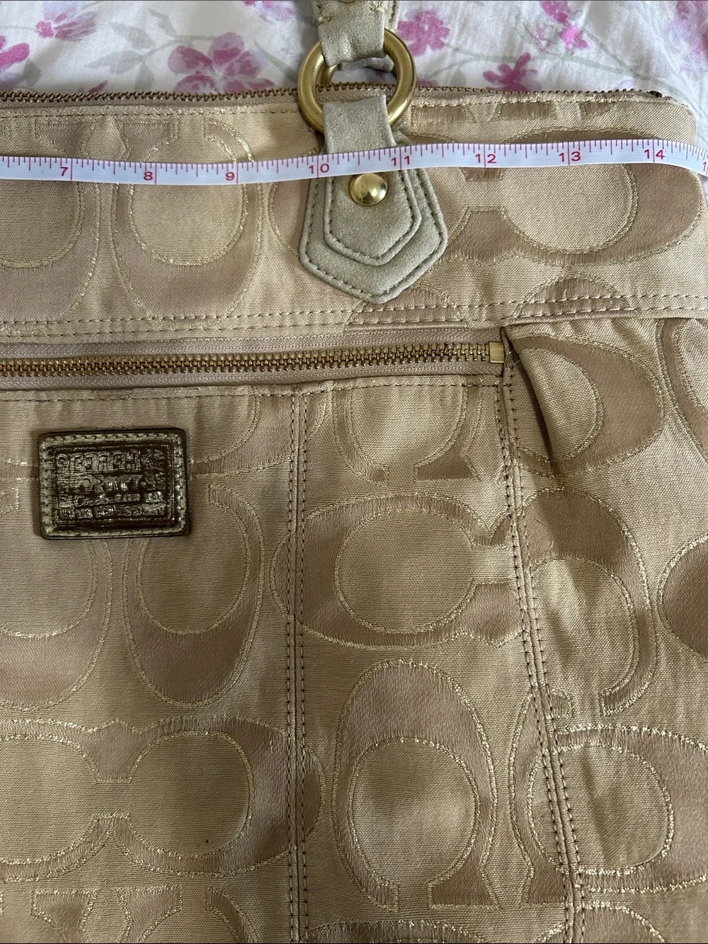 Coach Tan Signature Canvas Shoulder Tote with Gold Hardware